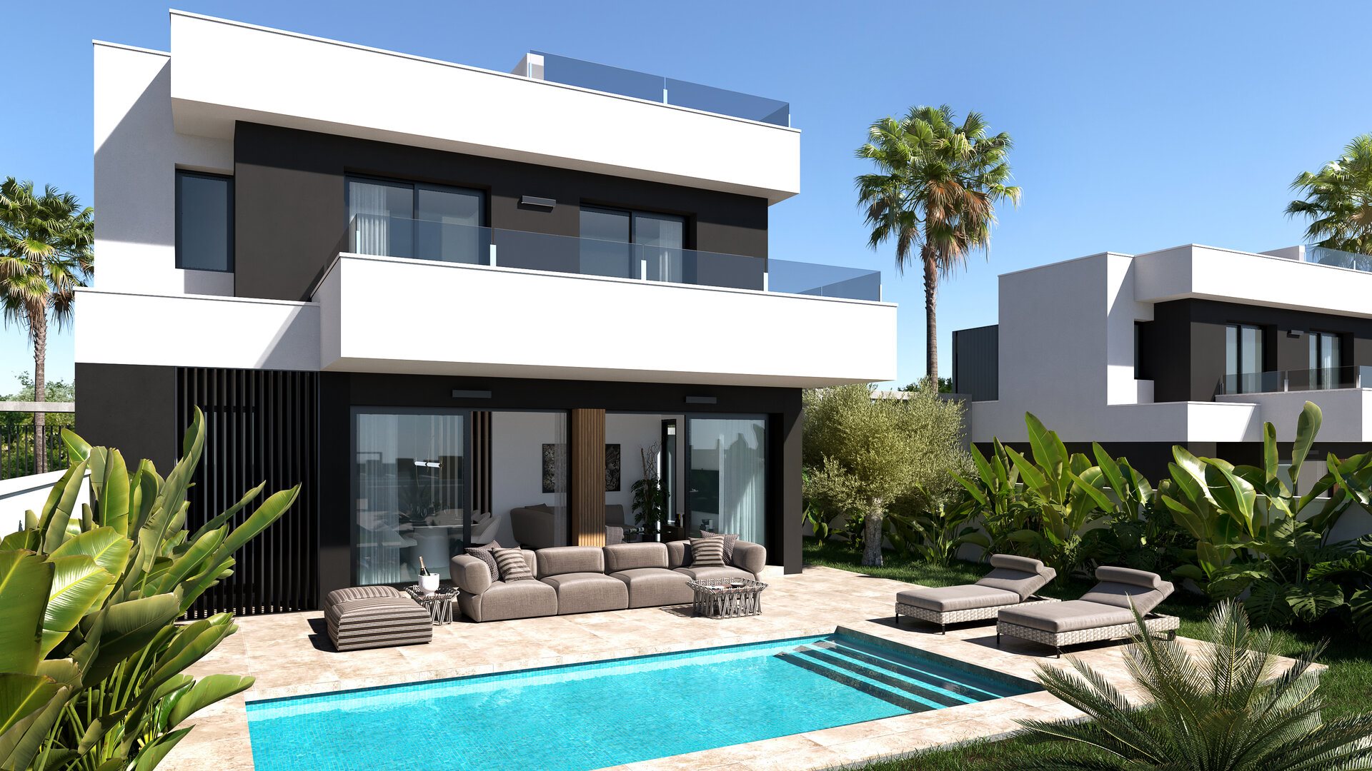 Two-Storey Pool Villa with Balconies and Rooftop Terrace – exterior view with pool