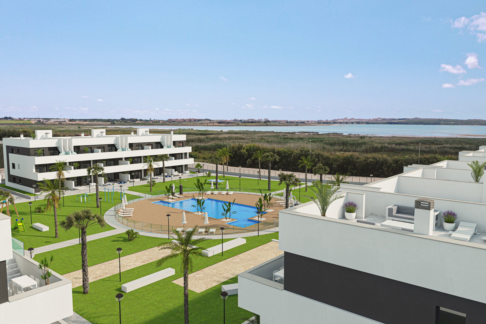 Corner Apartment by the Nature Park – rooftop terrace with lagoon view