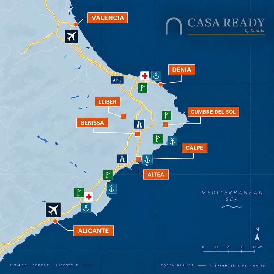 Map of the Costa Blanca Norte between Valencia and Alicante with the locations of our villa selection and both airports