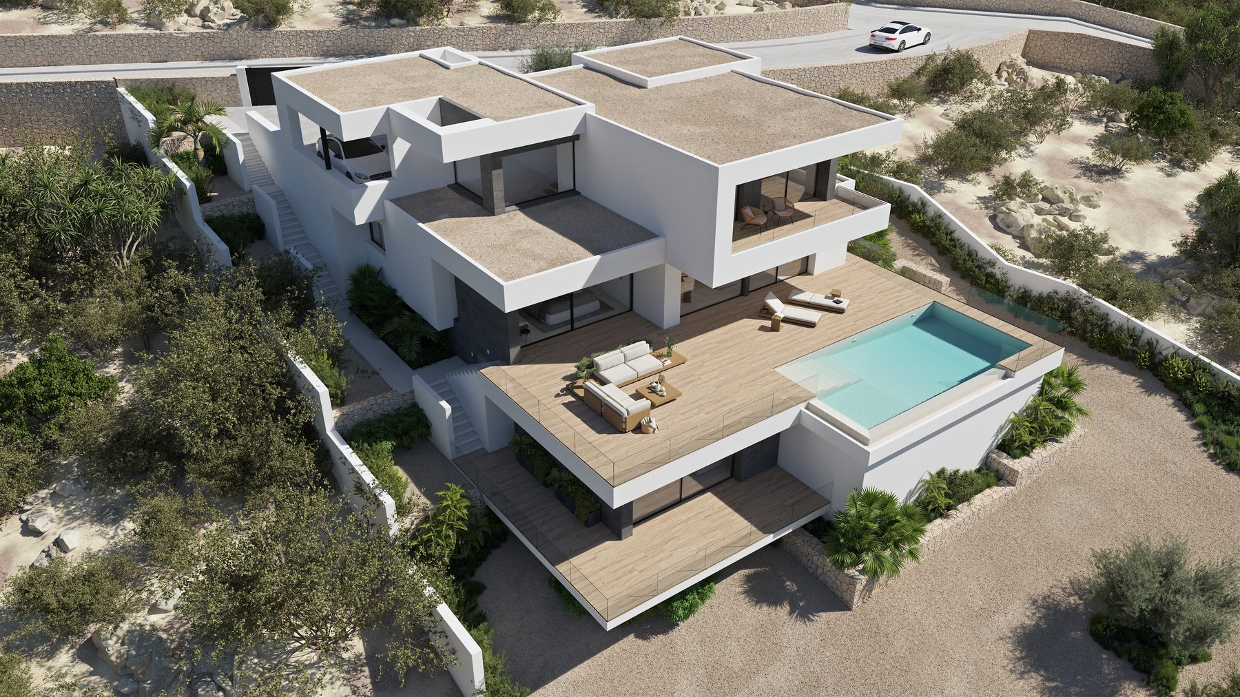 Tiered layout to maximise the sea view.