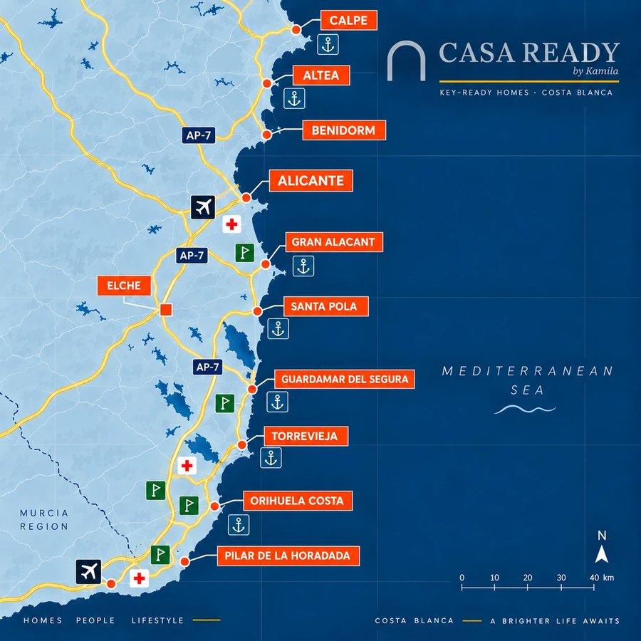 Map of the Costa Blanca from Calpe to Pilar de la Horadada with airports, hospitals, golf courses and marinas