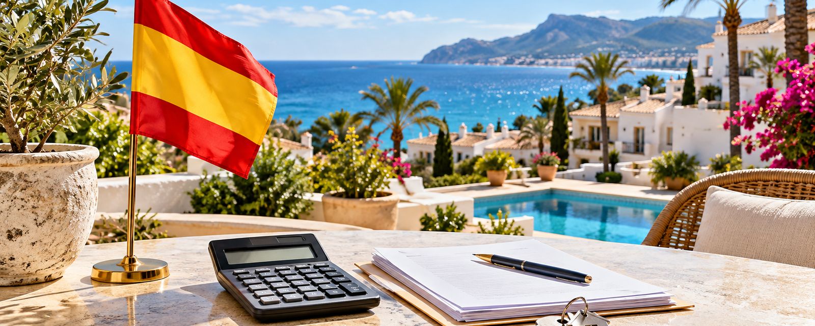 Spanische Flagge, Taschenrechner und Unterlagen auf einer Terrasse mit Pool und Meerblick