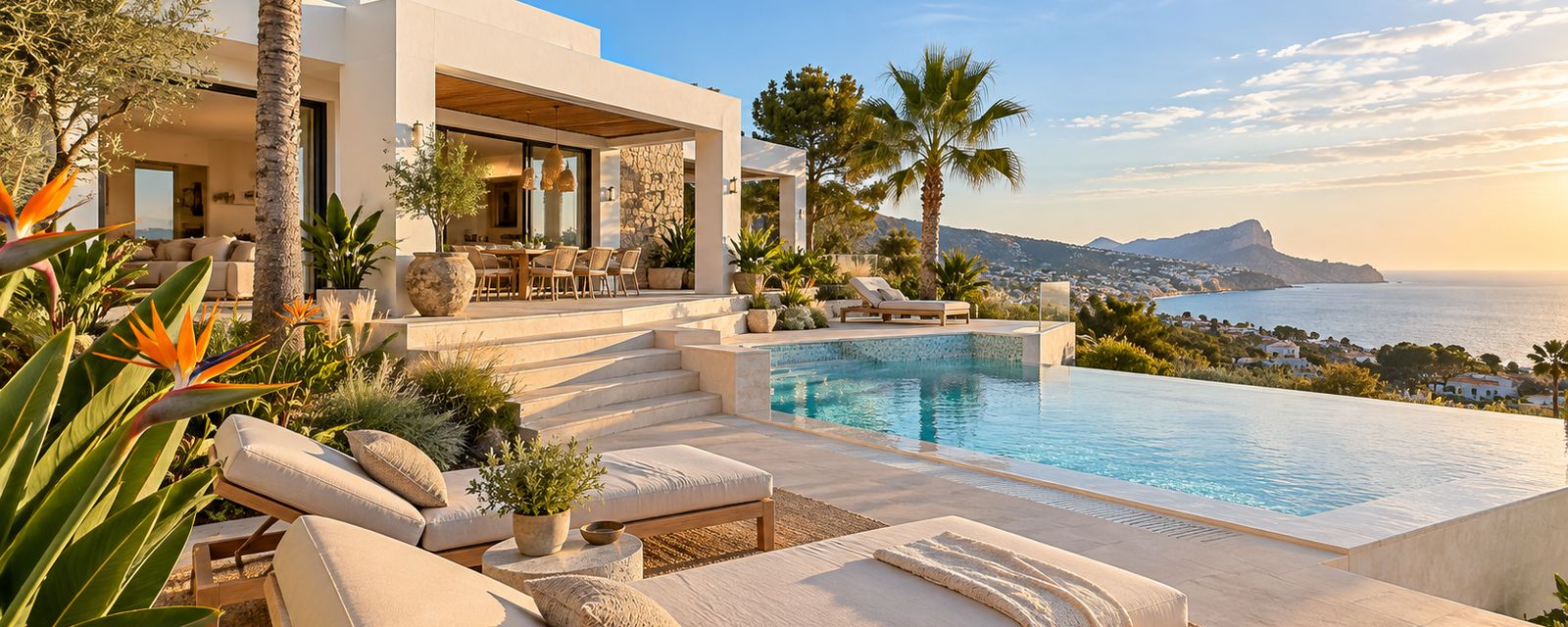 Villa with infinity pool and loungers above the sea in evening light
