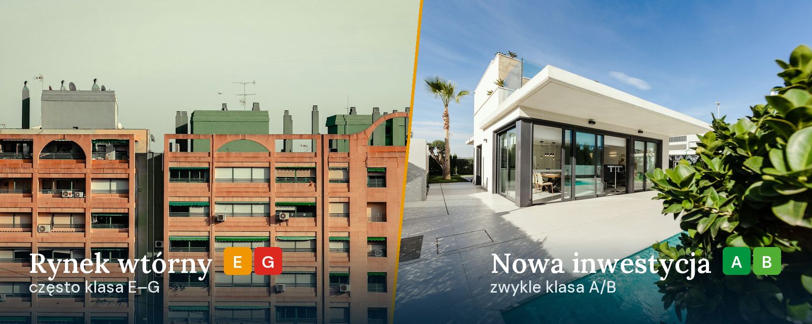 Po lewej starszy blok mieszkalny w Alicante, po prawej nowoczesny nowy budynek z basenem na Costa Blanca