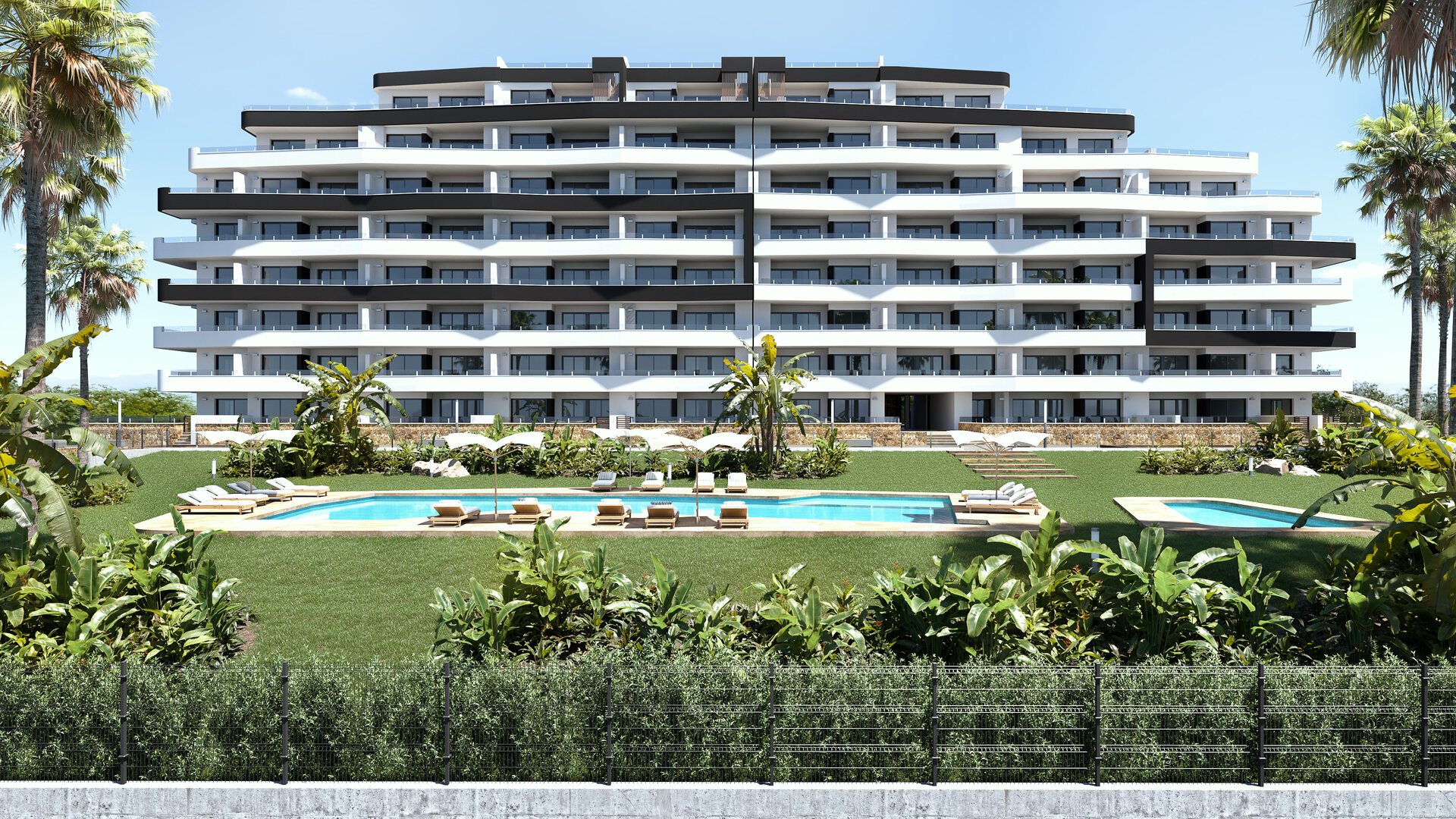 Furnished New-Build Apartment – façade with pool